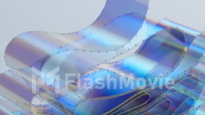 The transparent plastic tape is folded in layers. A stack of ribbons. Blue neon color. Arrange. 3d animation