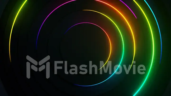 Radial abstract neon background. Laser neon lines move in a circle along a circular dark geometry. Conceptual technology background. Rainbow light spectrum. 3d illustration