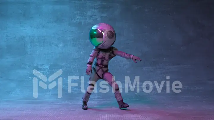 Dancing astronaut with a large round helmet on his head. Green blue neon light blinking. Concrete wall in the background