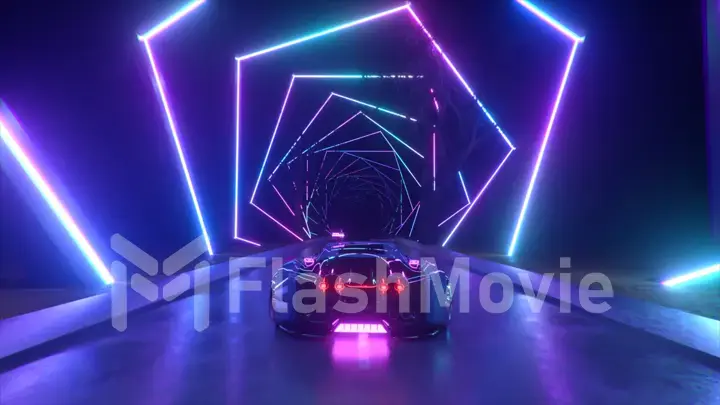 The car rushes at high speed through an endless neon technology tunnel. Futuristic concept. 3d illustration