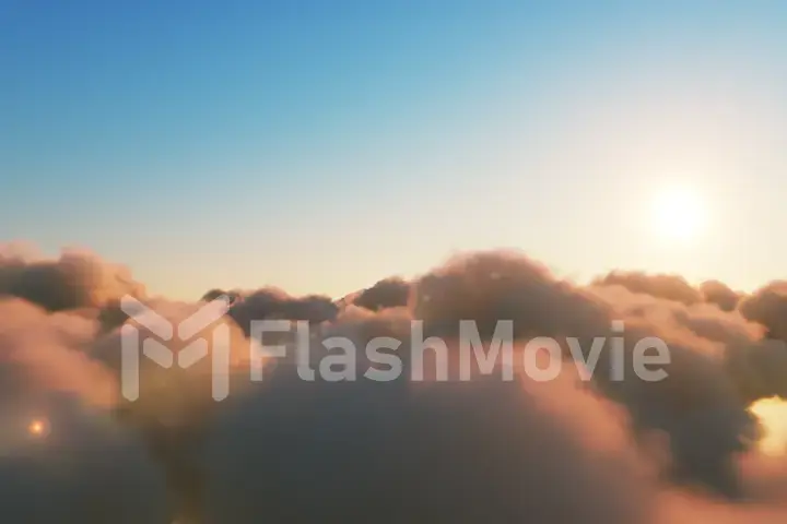 Beautiful realistic flight over cumulus lush clouds at sunset. 3d illustration