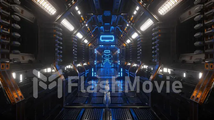 Flying in a spaceship tunnel, a sci-fi shuttle corridor. Futuristic abstract technology. Technology and future concept. Flashing light. 3d illustration