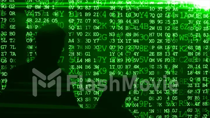 Conceptual image of a hacker on matrix background of falling green computer code digits 3d illustration