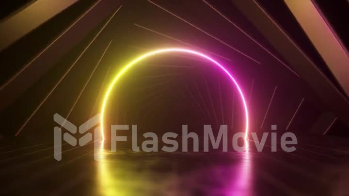 Pink yellow neon arch surrounded by rotating squares. Tunnel. Scene. Disco. 3d animation of seamless loop.