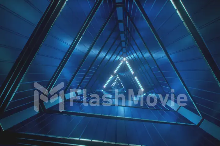 Flying through glowing neon triangles creating a tunnel, modern colorful lighting, 3d illustration