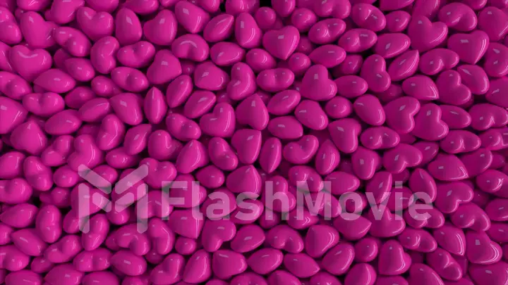 Falling dynamic pink hearts filling the screen on isolated black background. 3d illustration