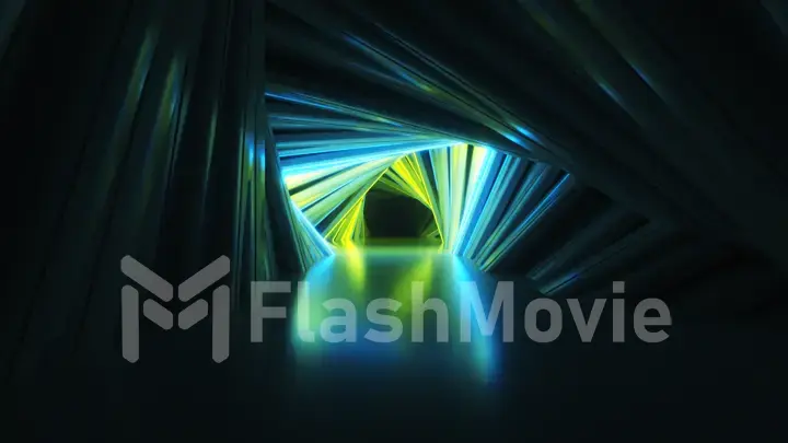 Abstract neon triangle tunnel technological. Endless swirling animated background. Modern neon light. Bright neon lines sparkle and move forward. 3d illustration