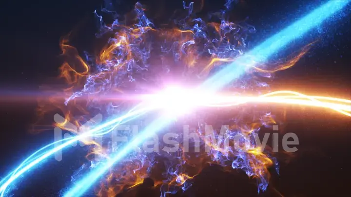 Cold and hot light streak breaks out on a black background with smoke and light particles and explode in space when interacting with each other 3d illustration