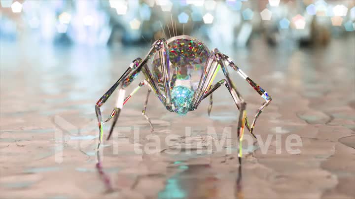 A diamond spider walks on a glass mirror surface. Abstract glowing background. Blue neon color. 3d animation