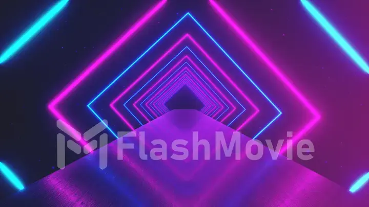 Abstract motion geometric background, glowing neon squares creating a rotating tunnel, blue pink purple spectrum, fluorescent ultraviolet light, modern colorful lighting, 3d illustration