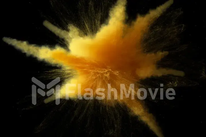 3d illustration of gold yellow colored powder explosion isolated on black background.