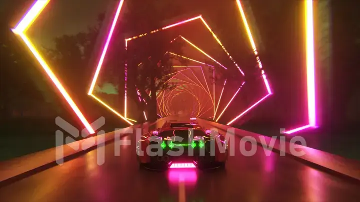 The car rushes at high speed through an endless neon technology tunnel. Futuristic concept. 3d illustration
