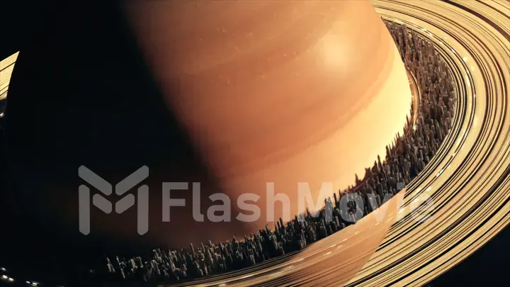 Planet Saturn in outer space. City located along the rings of Saturn, the concept of the colonization of Saturn. 3d illustration