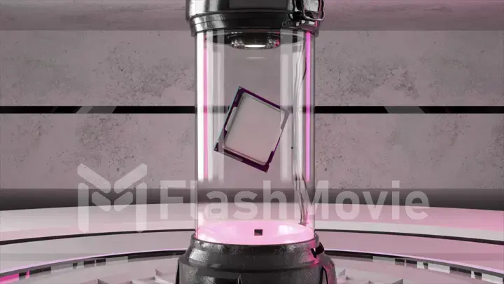 The concept of nanotechnology and AI. A microchip hovers inside a sealed glass flask. Black, pink neon light. Close-up