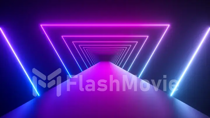 Glowing rotating neon triangles creating a tunnel, blue purple pink violet spectrum, fluorescent ultraviolet light, modern colorful lighting, 3d illustration