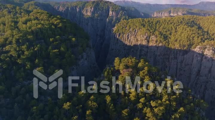Video footage from a drone flying over a canyon in a mountainous area. Sunny day. Green trees. Natural landscape