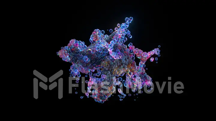 Many bubbles move randomly taking abstract shapes. Blue purple color. Black background.
