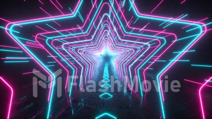 Abstract neon background. Neon stars and lines move through space. Reflection. Futuristic background. Neon traffic. 3d illustration