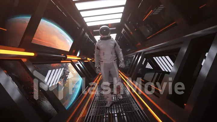 Technology and future concept. Alone astronaut walking in a futuristic sci-fi corridor. Orange neon light.