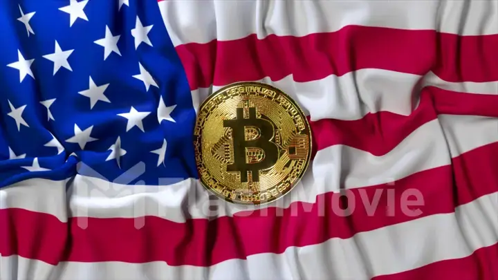 Cryptocurrency concept. The American flag shrinks around a bitcoin. Creases in fabric. USA. 3d illustration