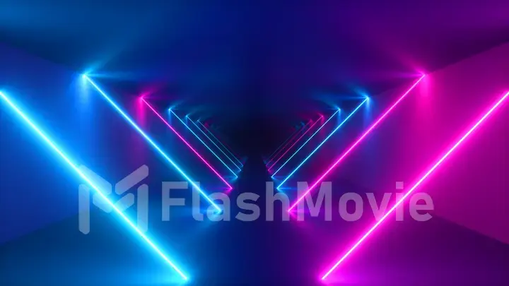 Flying in endless tunnel, abstract colorful neon background, ultraviolet light, glowing lines, virtual reality interface, frames, hud, pink blue spectrum, laser rays. 3d illustration