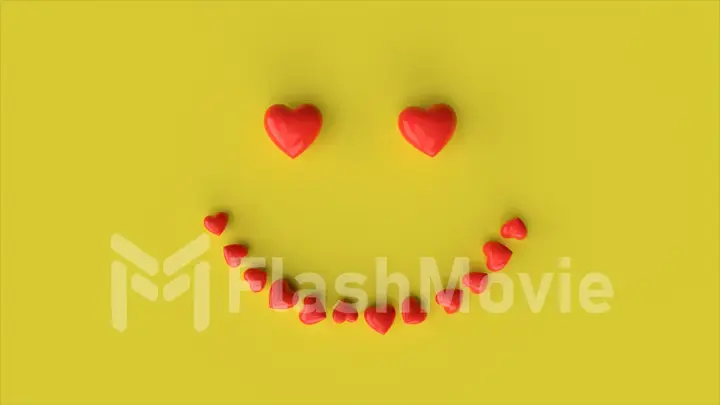 Falling red hearts forming a smiling emoticon on a yellow background. 3d illustration