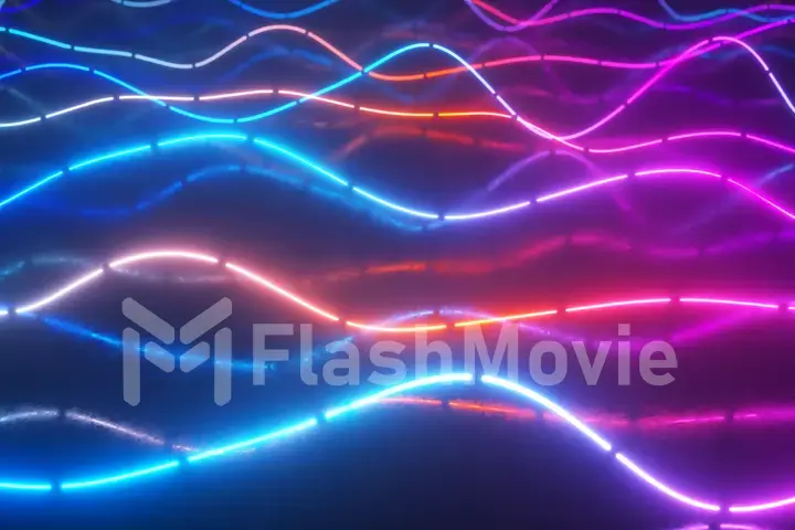 Futuristic neon glowing surface made of bright lines. Abstract motion background. Ultraviolet signal spectrum, laser show, energy, sound vibrations and waves. 3d illustration
