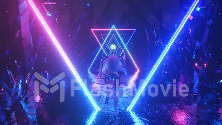 Robot running in abstract outer space along neon geometric shapes and crystals. 3d illustration