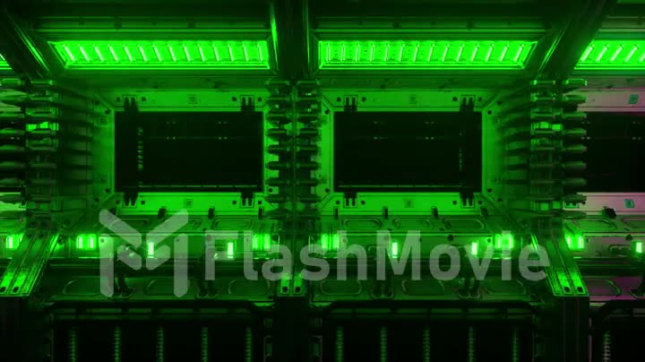 Flying into spaceship tunnel, sci-fi spaceship corridor. Futuristic technology for technical titles and backgrounds. Internet traffic graphics, speed. 3D rendering. 4k animation of seamless loop
