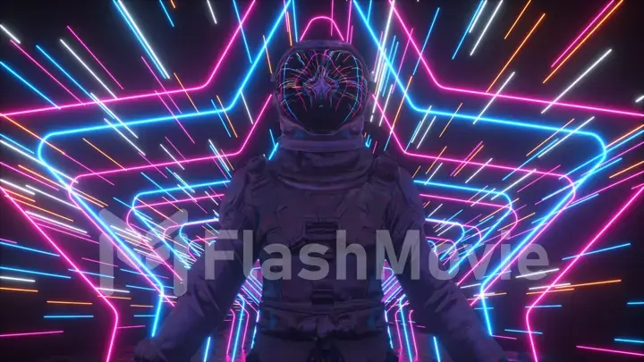 An endless neon tunnel of stars moves along the astronaut. Bright space concept. Reflections in the helmet. 3d illustration