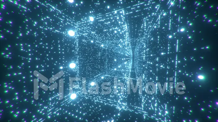 Digital technology tunnel. 3D illustration Big Data Digital square corridor with futuristic matrix. Binary code particle network. Motion and communication technology background. Flashing particles.