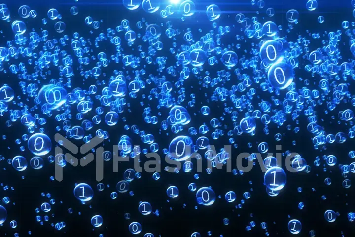 The binary code inside the bubbles rises. Blue interface, 3d illustration