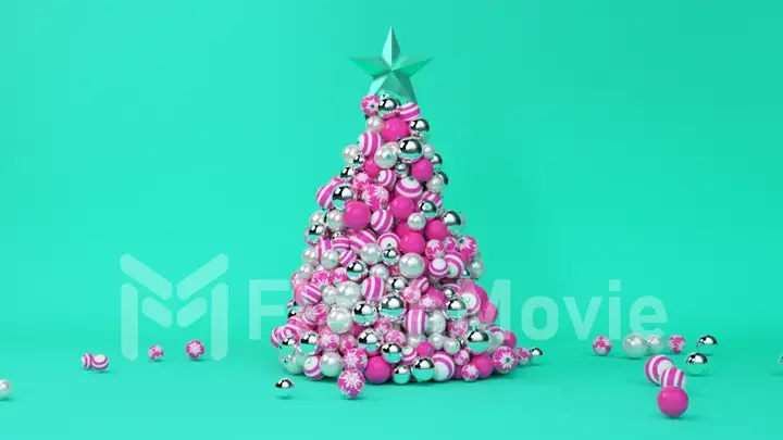 A tree of Christmas balls is growing dynamically on a bright colorful green background. 3d illustration