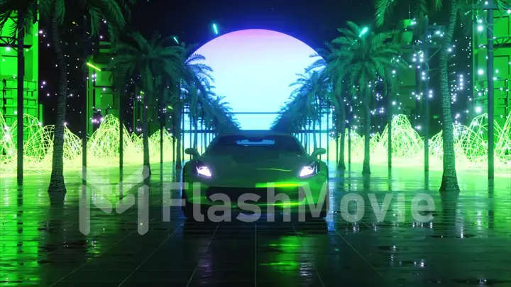 Car and city in neon style. 80s retro wave background 3d illustration. Retro futuristic car drive through neon city.