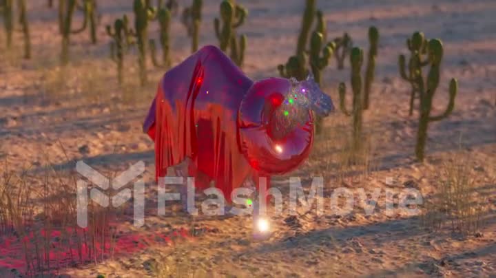 Beautiful diamond camel in a shiny red cape walks through the desert. Cacti on the background. Red life buoy