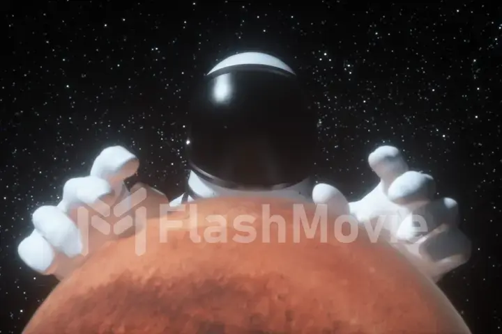 An astronaut stretches his hands behind the planet Mars in outer space against the background of the stars. Concept of space exploration and planets. 3d illustration