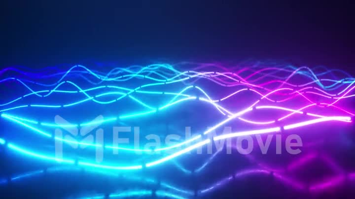 Futuristic neon glowing surface made of bright lines. Abstract motion background. Ultraviolet signal spectrum, laser show, energy, sound vibrations and waves. Seamless loop 3d render