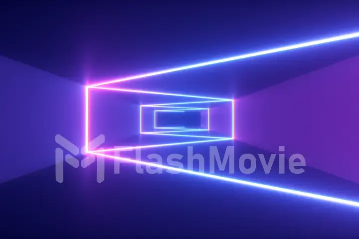 Abstract flying in futuristic corridor background, fluorescent ultraviolet light, glowing colorful laser neon lines, geometric endless tunnel, blue pink spectrum, 3d illustration
