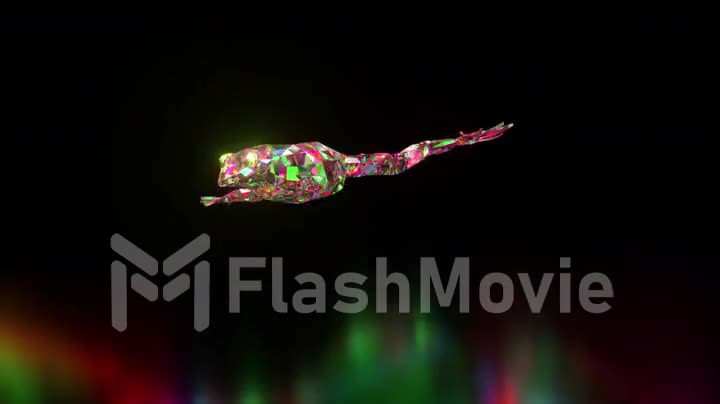 The diamond frog jumps and transforms in flight. Transformation. Green red color. 3d animation of a seamless loop