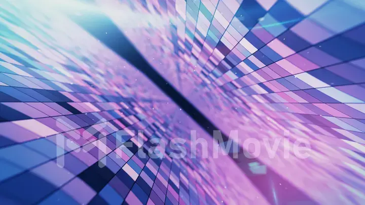 Flying in an abstract space with glowing flashing squares, blue red pink violet spectrum, fluorescent ultraviolet light, modern colorful lighting, 3d illustration