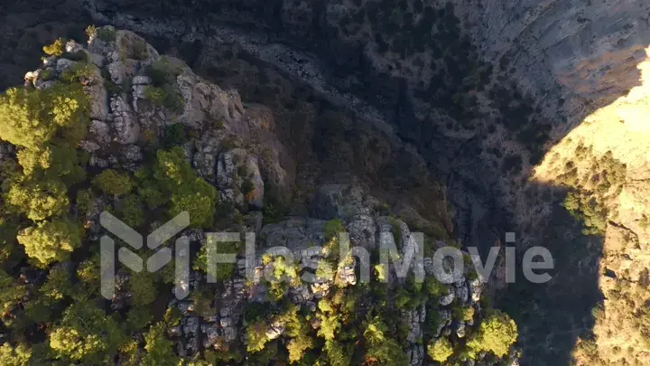 Top view of the mountain river. Rocky shores. Aerial drone view. Green trees and shrubs on the rocks