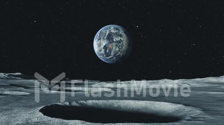 View of the planet Earth from the surface of the Moon. Airless space. Simulated drone flight. High quality 3d animation. Dolly zoom effect