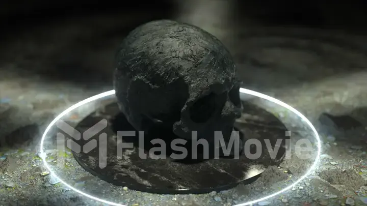 A stone skull on a black marble platform. Slavery and imprisonment concept. 3d Illustration