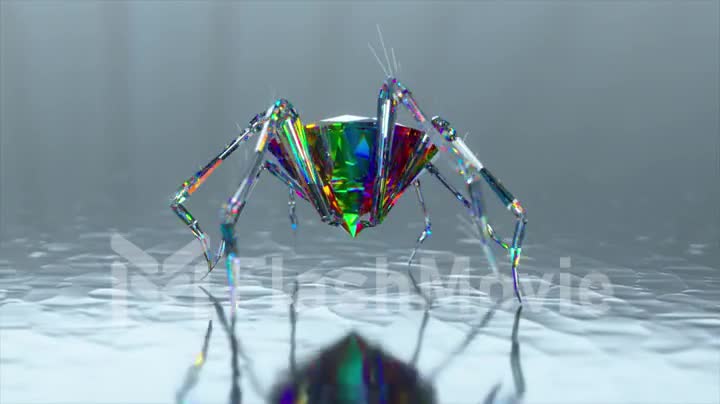 Spider with a body made of a large diamond stone walks on a smooth mirror surface. Rainbow color. 3d animation