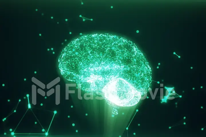 Human brain being formed by revolving particles. Plexus structure evolving around. Green abstract futuristic science and technology motion background. 3D illustration