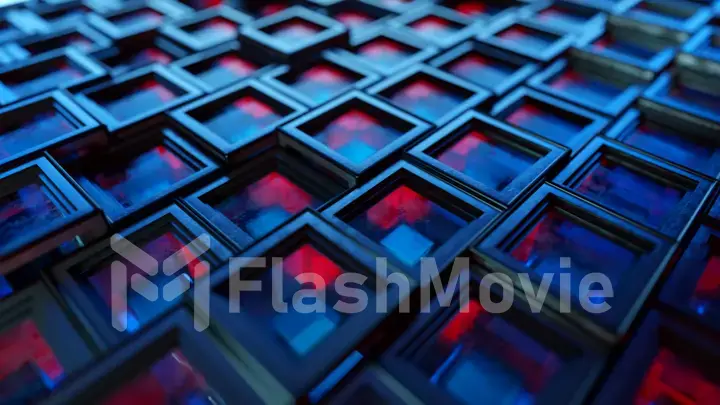 Abstract background from metal cubes with random offset effect. The glass inside the cubes reflects light. 3d illustration