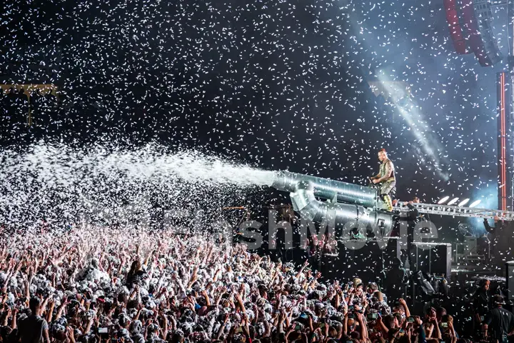 MOSCOW, RUSSIA - JULY 29, 2019: Rammstein group fire concert at Luzhniki Stadium. Crowds of fans gathered at a rock concert of their favorite metal band.