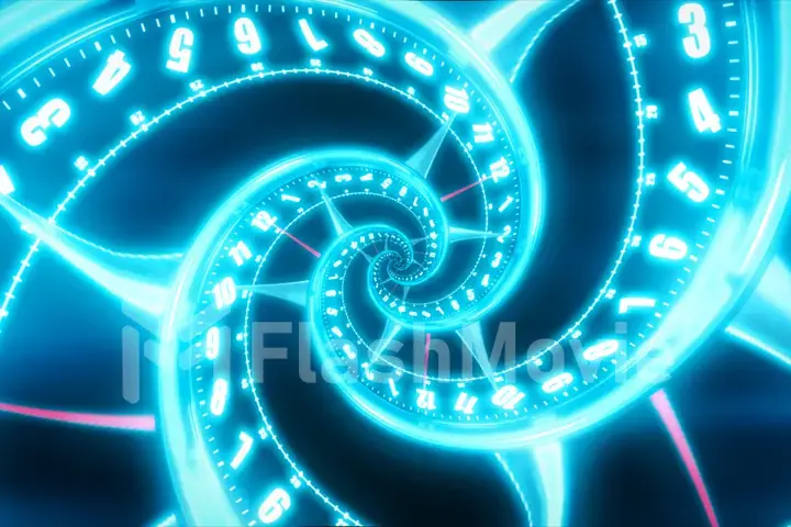 Rotating spiral of a luminous clock from numbers. Abstract 3d illustration