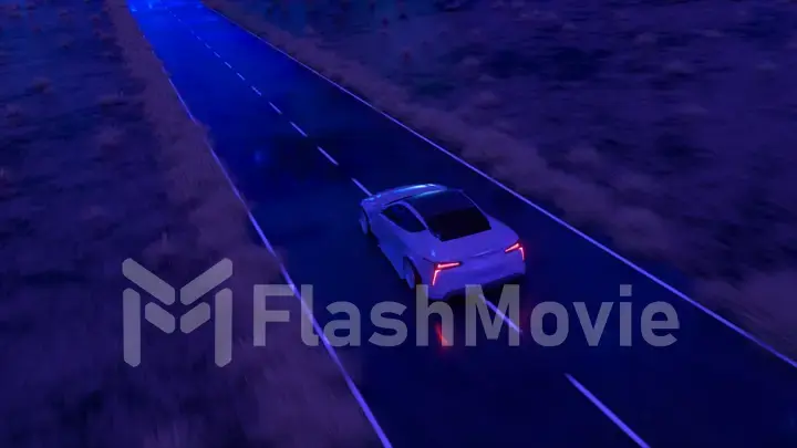 The car rushes at fast speed along the asphalt road along the desert into a fabulous sunset with a magical blue tint. 3d illustration