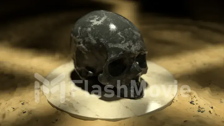 The black marble skull on a white platform in sand. 3d llustration